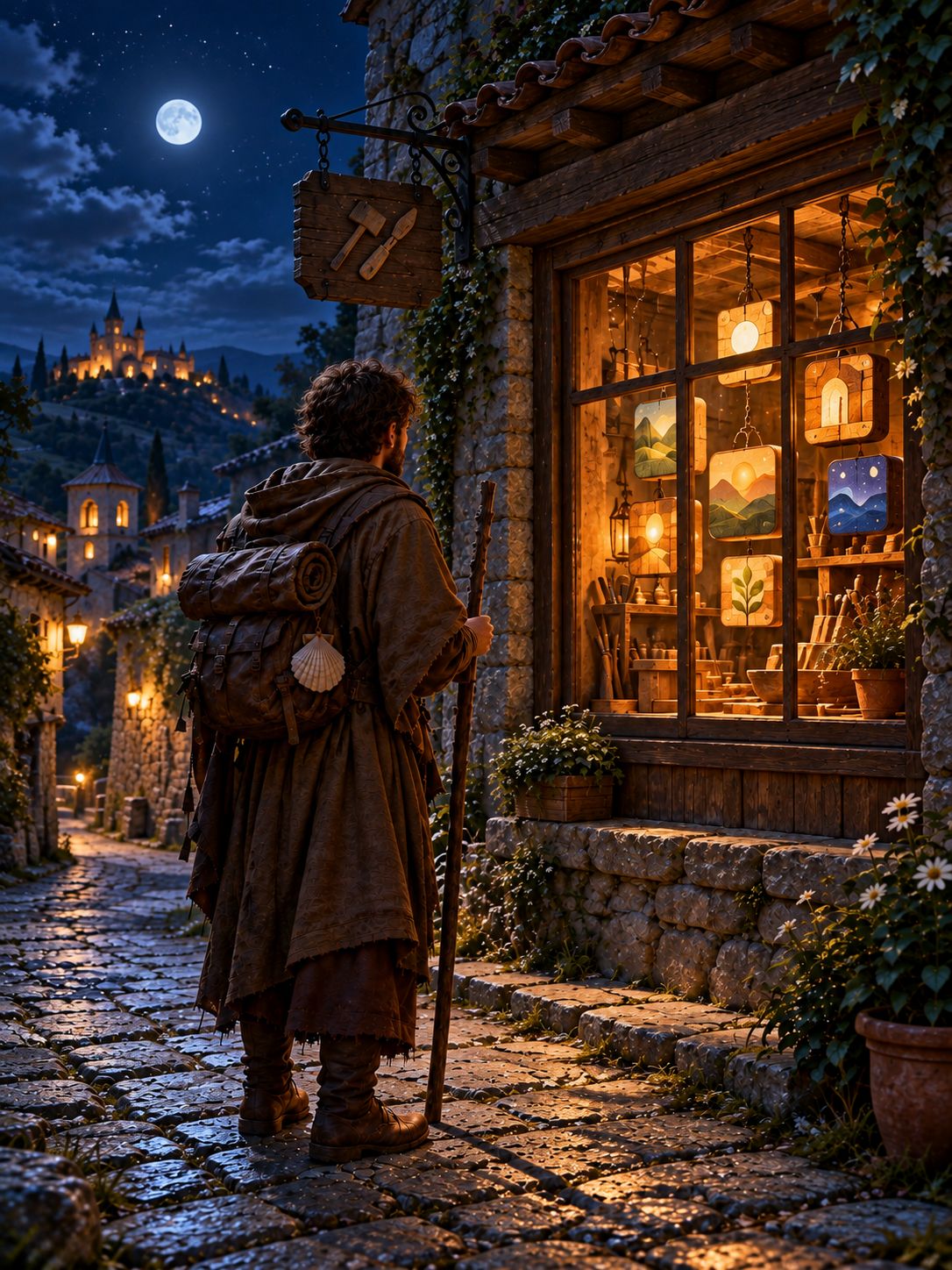 The pilgrim in a narrow alley before a small workshop whose window is filled with glowing square tiles
