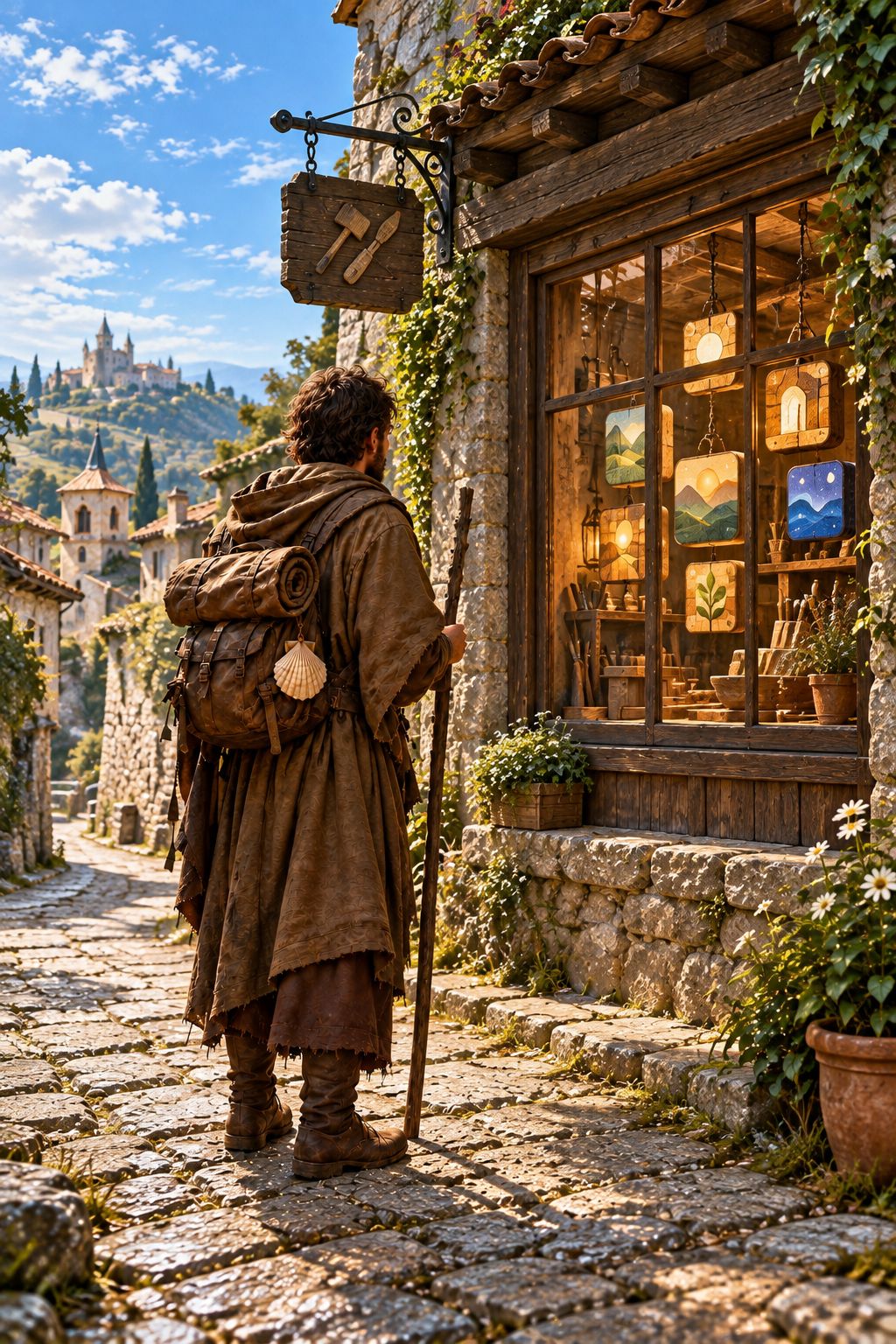 The pilgrim before the workshop window in daylight